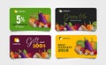 Set Of Discount Cards For Grocery Food Store With Shopping Basket Illustration And Discounts Numbers