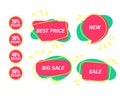 Set of discount icons, stickers with text and percentages, pink-yellow-green abstract design. Promotion labels. Royalty Free Stock Photo