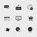 Set Discount percent tag, Add to Shopping cart, Price with New, on monitor, Clock and discount, Buy button, Hanging sign Royalty Free Stock Photo