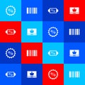 Set Discount percent tag, Barcode, and Shopping basket on laptop icon. Vector Royalty Free Stock Photo