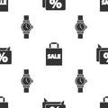 Set Discount percent tag, Shoping bag with Sale and Wrist watch on seamless pattern. Vector Royalty Free Stock Photo