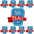 Set of discount stickers. Blue badges with red ribbon for sale 10 - 90 percent off