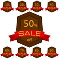 Set of discount stickers. Brown badges with red ribbon for sale 10 - 90 percent off. Royalty Free Stock Photo
