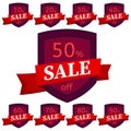 Set of discount stickers. Dark red badges with red ribbon for sale 10 - 90 percent off. Royalty Free Stock Photo