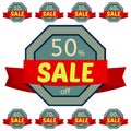 Set of discount stickers. Gray badges with red ribbon for sale 10 - 90 percent off. Royalty Free Stock Photo