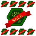 Set of discount stickers. Green hexagonal badges with red ribbon for sale 10 - 90 percent off. Royalty Free Stock Photo