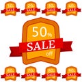 Set of discount stickers. Orange badges with red ribbon for sale 10 - 90 percent off. Royalty Free Stock Photo