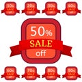 Set of discount stickers. Red badges with red ribbon for sale 10 - 90 percent off. Royalty Free Stock Photo