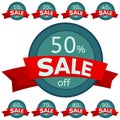 Set of discount stickers. Round badges with red ribbon for sale 10 - 90 percent off. Royalty Free Stock Photo