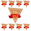 Set of discount stickers. Triangular orange badges with red ribbon for sale 10 - 90 percent off. Royalty Free Stock Photo