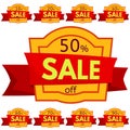 Set of discount stickers. Yellow badges with red ribbon for sale 10 - 90 percent off. Royalty Free Stock Photo