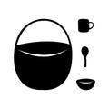 A set of dishes cauldron, cup, spoon, bowl black silhouettes in a flat style. Tools for the kitchen, travel, tourism, leisure