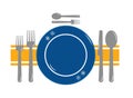 A set of dishes for eating. Blue plate with snowflakes, fork, knife and spoon, yellow napkin. Vector illustration Royalty Free Stock Photo
