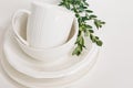 Set dishes plates cup decorated branch eucalyptus Royalty Free Stock Photo