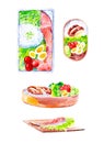Set of dishes with red fish and rice,salad and tomatoes with cucumbers.Watercolor illustration isolated on white background Royalty Free Stock Photo