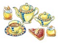 Set with dishes for tea, coffee with cakes on a white background. Watercolor illustration.