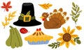 Set of dishes for Thanksgiving with a pilgrim's hat. Vector autumn elements with turkey, flat illustration of pie