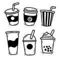 Set of disposable drink cup vector illustrations in cute hand-drawn style