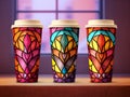 Set of disposable paper cups with mosaic drawing. Coffee to go or take away coffee concept. Recycling paper cups for hot drinks