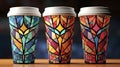 Set of disposable paper cups with mosaic drawing. Coffee to go or take away coffee concept. Recycling paper cups for hot drinks