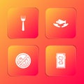 Set Disposable plastic fork, Fish care, No trash and Megaphone on mobile icon. Vector