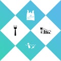 Set Disposable plastic fork, Problem pollution of the ocean, Dead bird, and Ecology infographic icon. Vector
