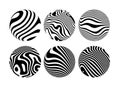 Set of distorted wavy pattern spheres. Striped circle shapes. Vector illustration. Graphic elements for banner