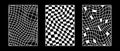 Set of distorted wireframe backgrounds. Abstract wavy checkerboard wallpapers collection. Warped and curved grid surface Royalty Free Stock Photo
