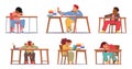 Set of Distressed Kids, Hunched Over Homework, Battle With Stress. Little Tired Boys and Girls Sitting at Desks