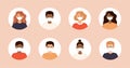 Set of diverse avatars of people in a face mask. Collection of portraits of men and women in a round frame. Prevention