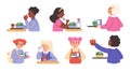 Set of diverse children having lunch in school cafeteria, flat vector illustration isolated on white background. Royalty Free Stock Photo