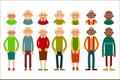 Set of diverse elderly people with avatars isolated on white background