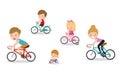 Set of diverse family riding bikes isolated on white background. Happy family riding bikes isolated on white background Royalty Free Stock Photo