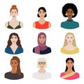 Set of diverse female faces with different ethnics, skin colors, hairstyles. Collection of portraits of women for avatars in Royalty Free Stock Photo