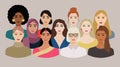 Set of diverse female faces with different ethnics, skin colors, hairstyles. Women stay together for female empowerment, go girl Royalty Free Stock Photo