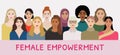 Set of diverse female faces with different ethnics, skin colors, hairstyles. Women stay together for female empowerment, go girl Royalty Free Stock Photo