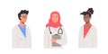 Set of diverse female and male doctor physician, practitioner, paramedic holding medical history notepad and stethoscope