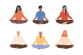 Set of diverse female and male people meditating and doing yoga breathing exercise. Elderly and young woman and man