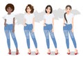 Set of diverse girls with different hairstyles in white T-shirts and blue jeans vector