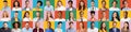 Set of diverse happy multiethnic male and female portraits over colorful backgrounds