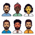 Set diverse Indian avatars, six people portraits, men women, different hairstyles, traditional Royalty Free Stock Photo