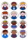 Set of diverse kids avatars, simple flat cartoon style. Cute and