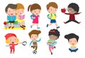 Set of diverse kids. Happy child character cartoon collection. activity in the kindergarten, reading books, playing, sport Royalty Free Stock Photo