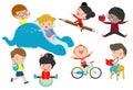 Set of diverse kids. Happy child character cartoon collection. activity in the kindergarten, reading books, playing, sport Royalty Free Stock Photo