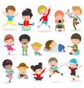 Set of diverse kids. Happy child character cartoon collection. Multicultural children of different nationalities in cartoon style