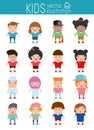 Set of diverse kids on white background. people characters, Different nationalities and dress styles. kids European , Ame