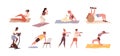 Set of diverse people training with sports equipment vector flat illustration. Collection of man, woman and couples