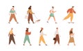 Set of diverse people walking, going, running, strolling with dog. Different men and women's full-length profiles