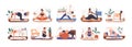 Set of diverse pregnant woman practicing yoga vector flat illustration. Collection of active future mothers doing