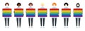 Set of diverse race female characters holding a rainbow tablet. LGBTIQ community. Women rights